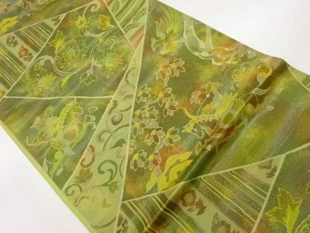 切り嵌め風動物に花唐草模様織出し袋帯